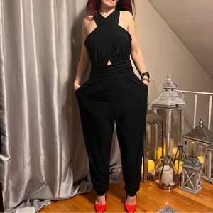 cross front, open back, stretch jumpsuit with pockets